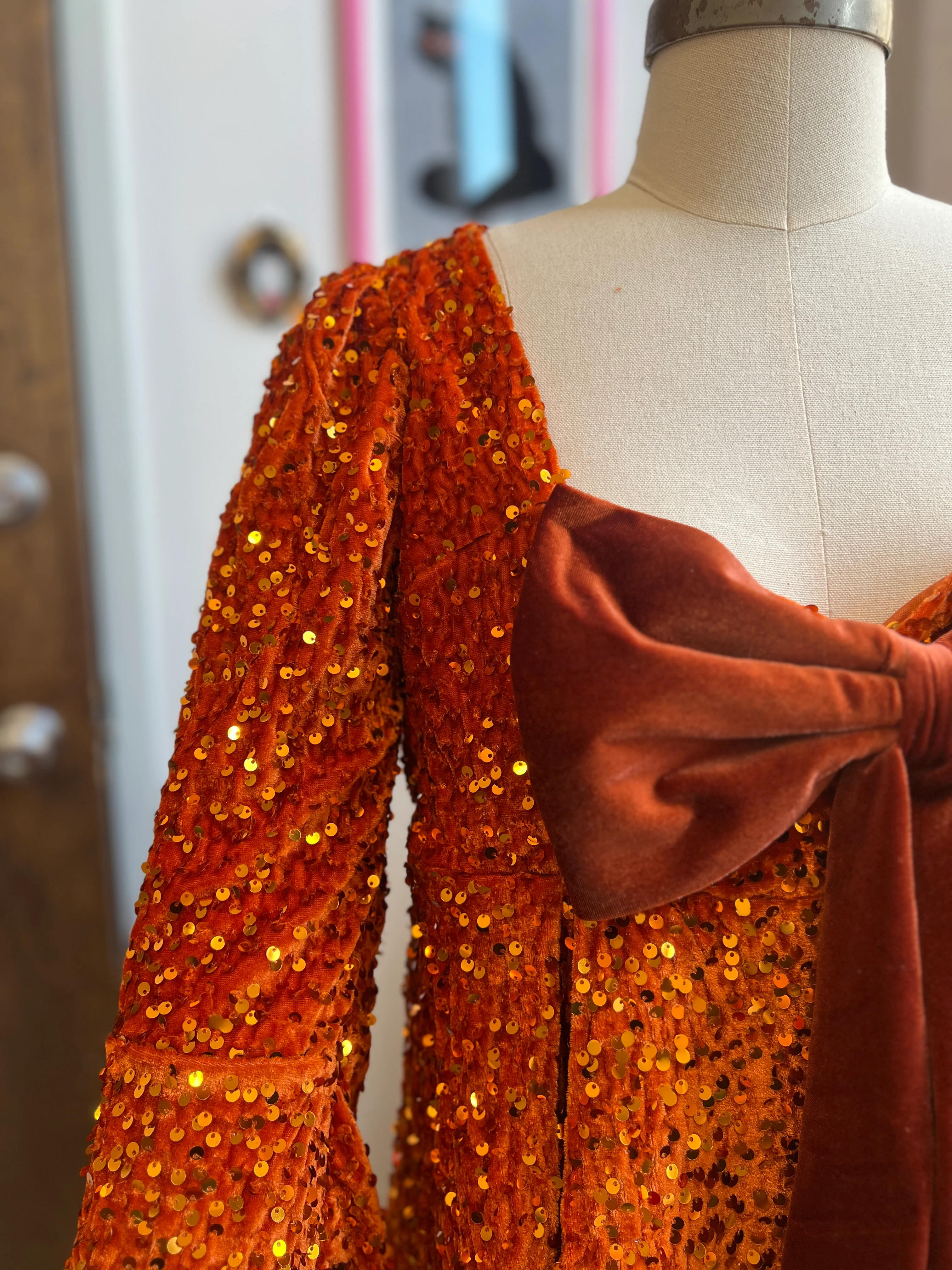 Priscilla 60's Mini Dress in Pumpkin Orange Sequin Velvet - Image 5