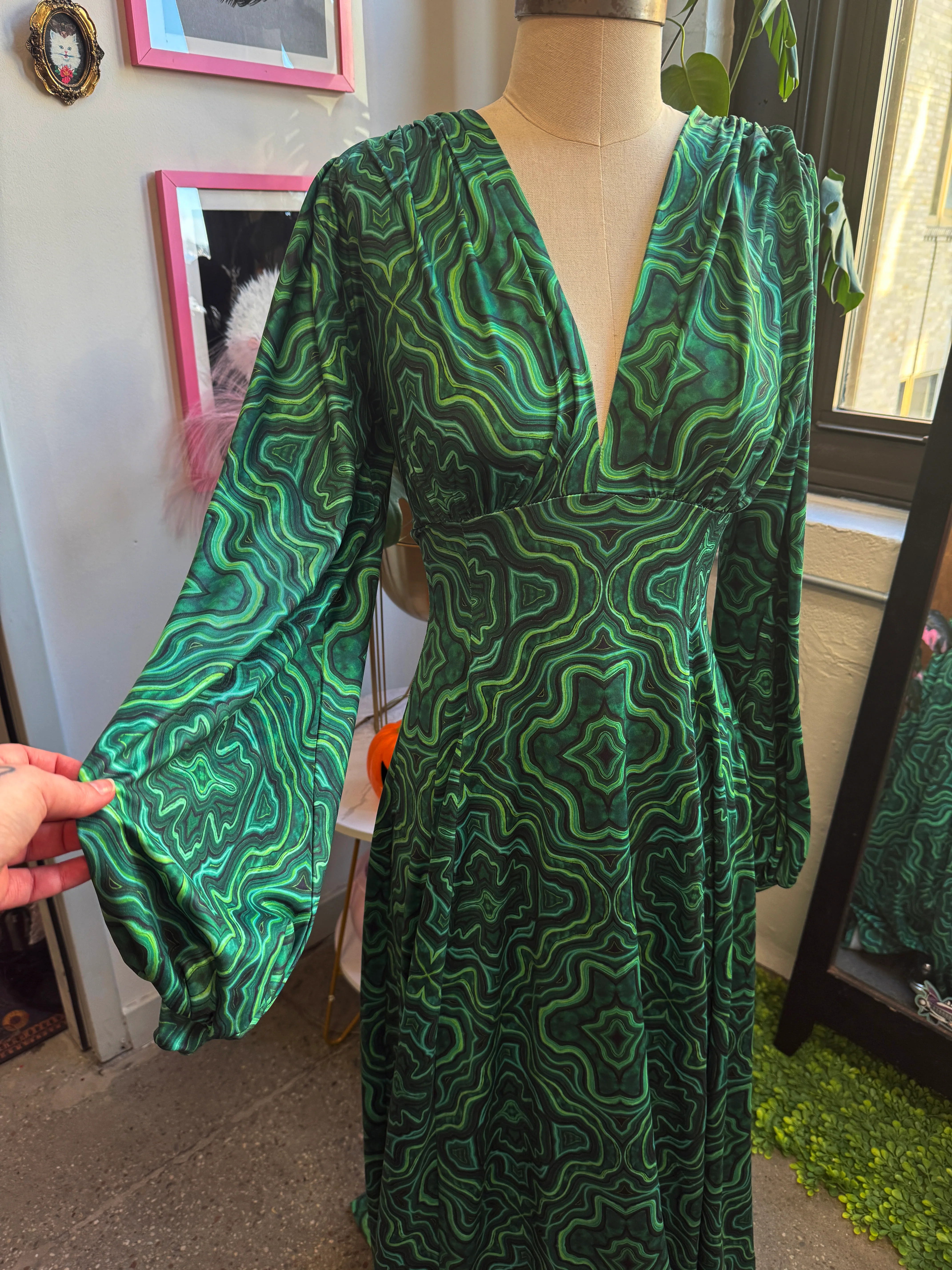 *PRE ORDER* Raquel Maxi Dress with Bishop Sleeves in Malachite Kaleidoscope Print - Image 3