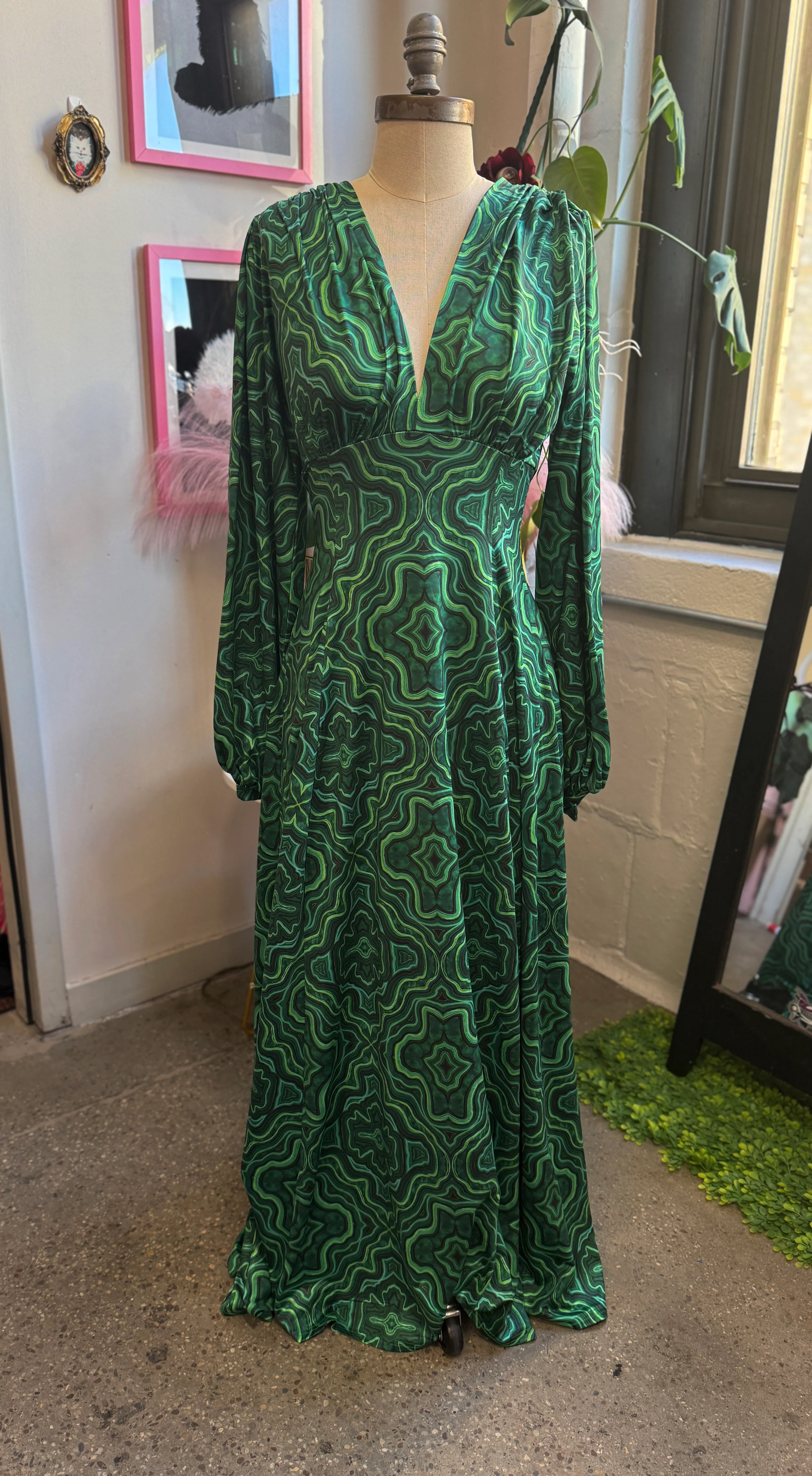 *PRE ORDER* Raquel Maxi Dress with Bishop Sleeves in Malachite Kaleidoscope Print - Image 4