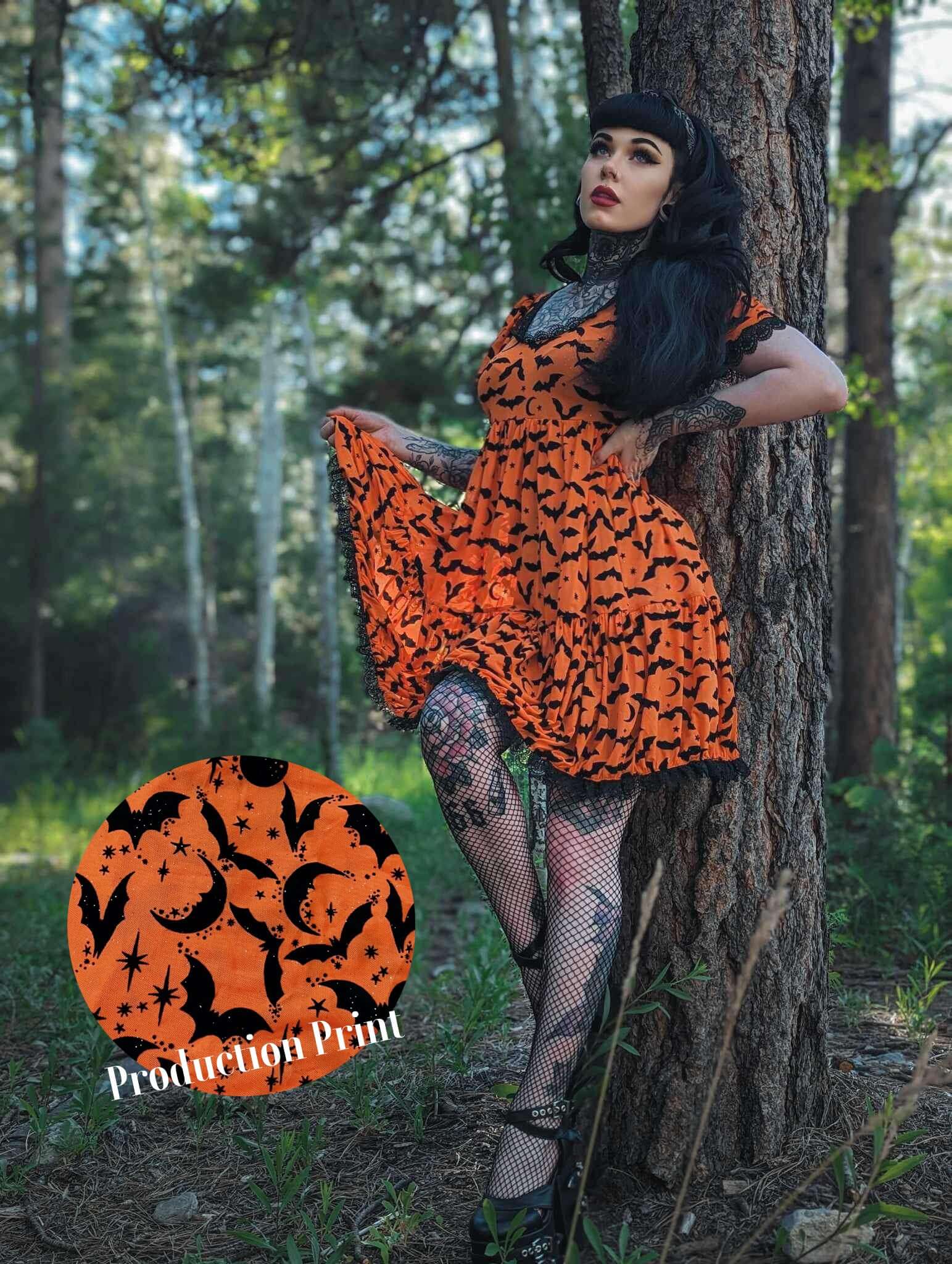 Raven Dress in Orange Queen of Halloween Flocked Sparkle Mesh