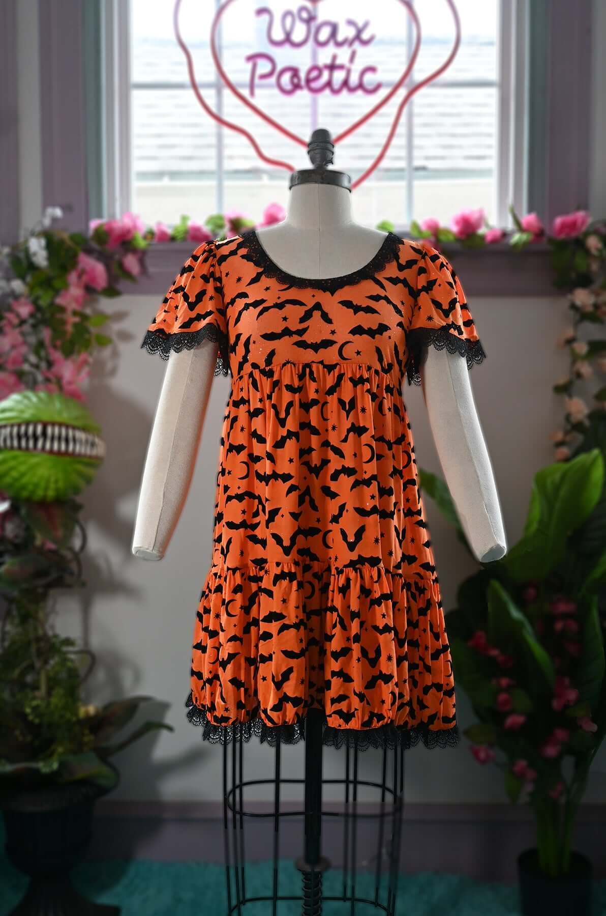Raven Dress in Orange Queen of Halloween Flocked Sparkle Mesh - Image 3