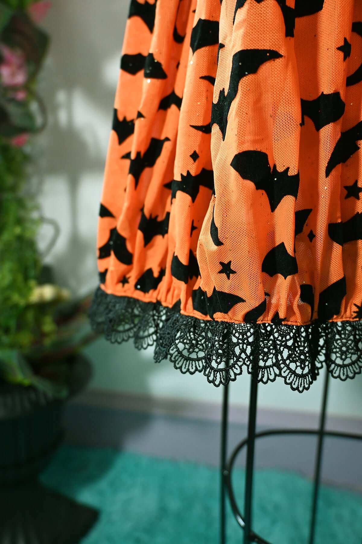 Raven Dress in Orange Queen of Halloween Flocked Sparkle Mesh - Image 4