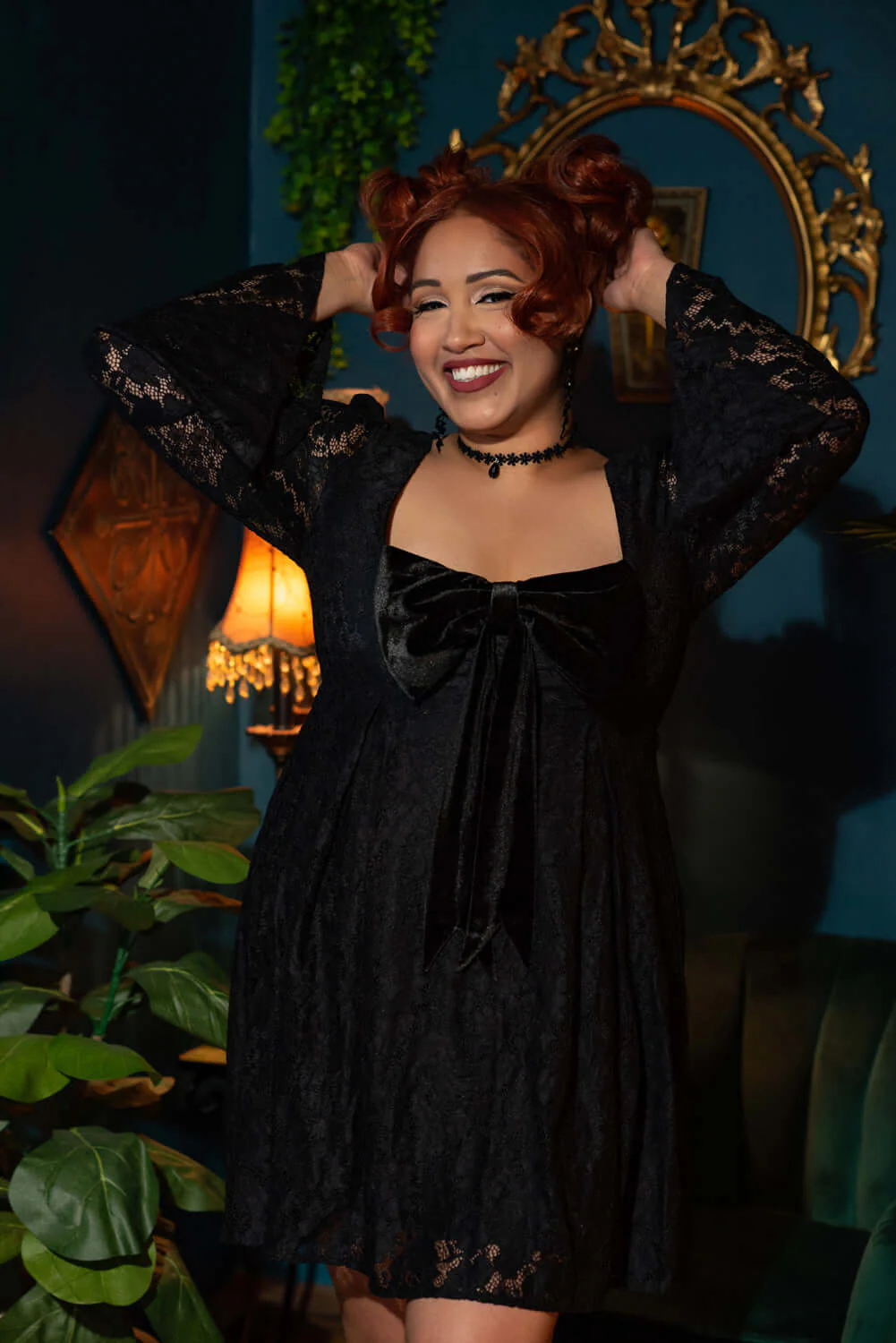 Priscilla 60's Bell Sleeve Lace Mini Dress in Black - Image 3