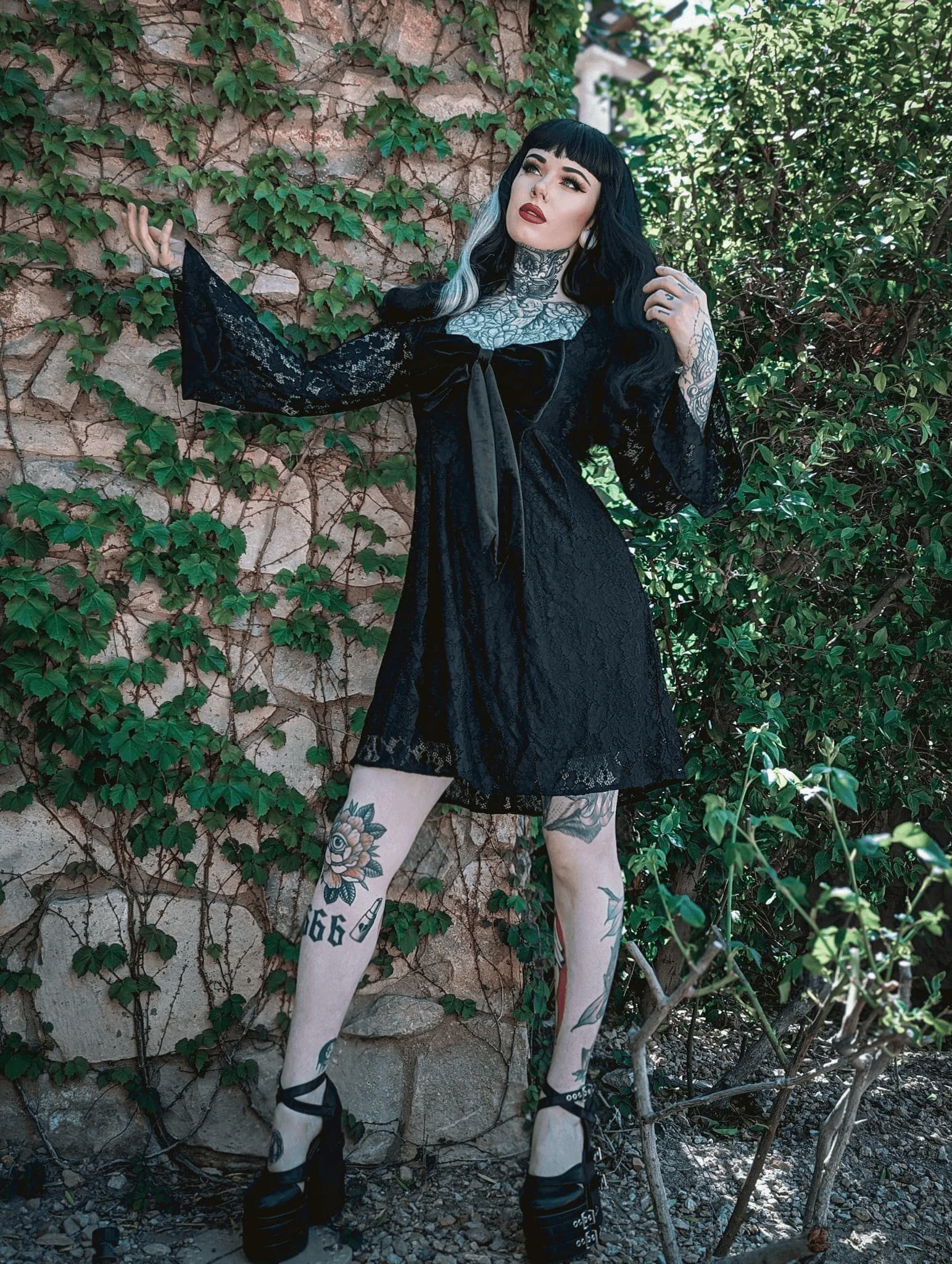 Priscilla 60's Bell Sleeve Lace Mini Dress in Black - Image 6