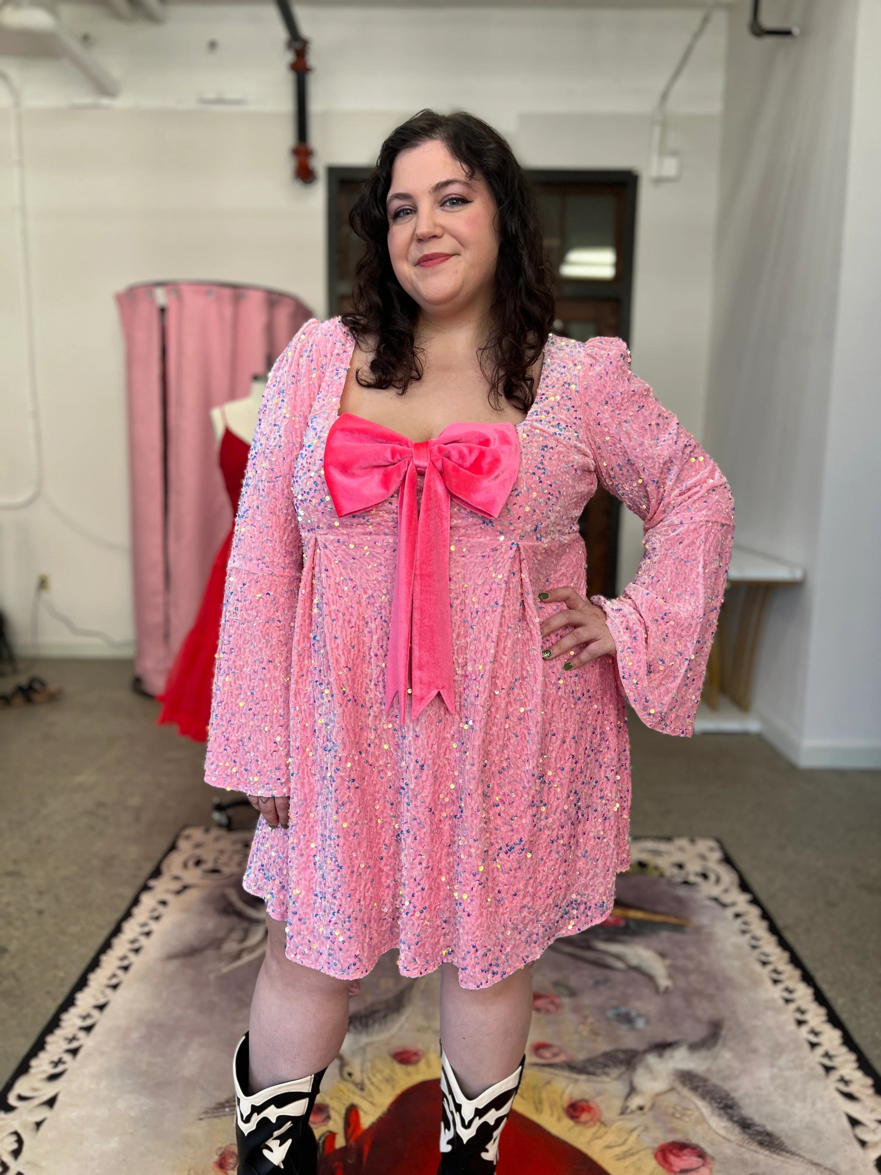 Priscilla 60's Bell Sleeve Sequin Velvet Mini Dress in Pink - Image 2