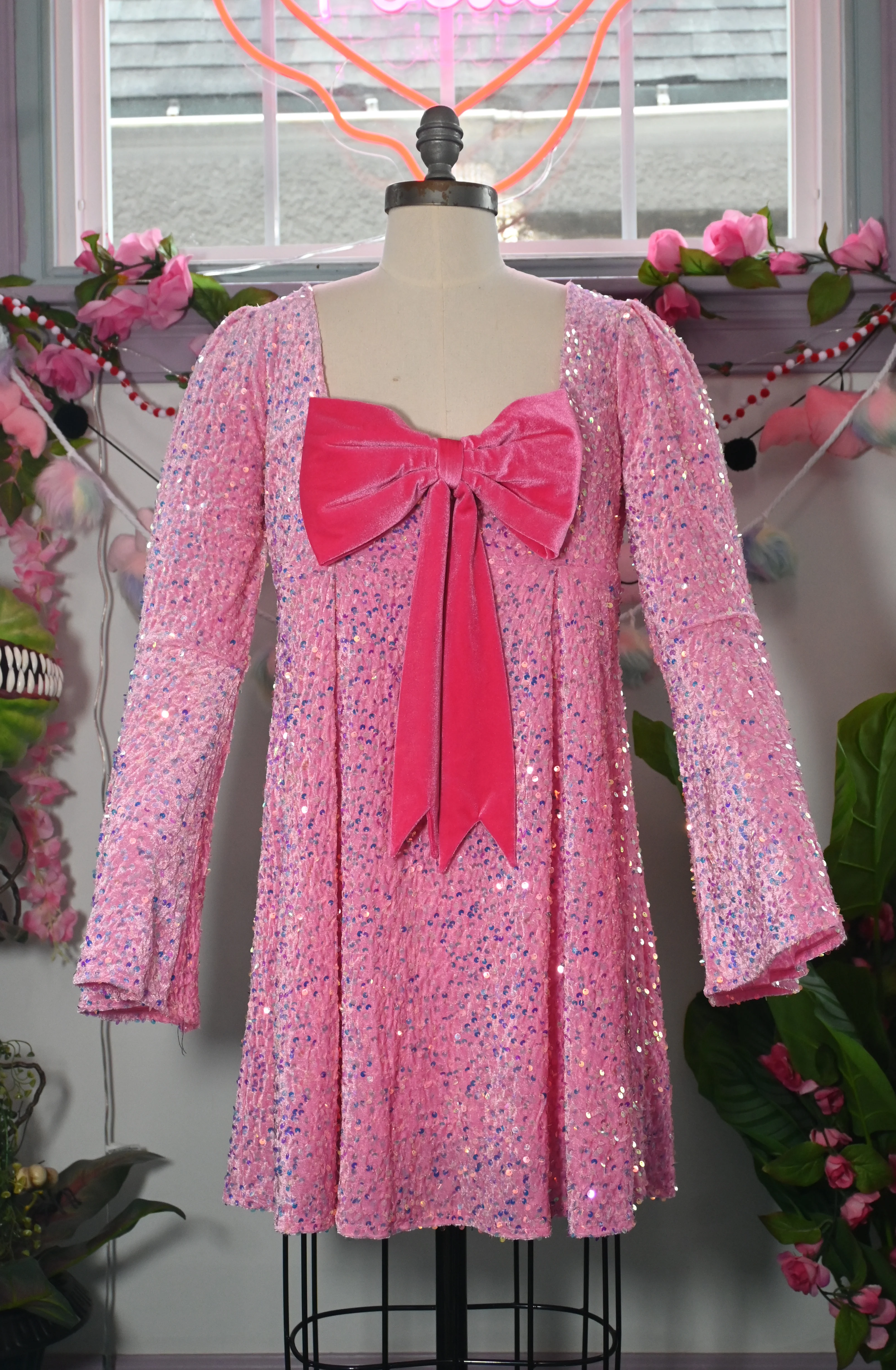 Priscilla 60's Bell Sleeve Sequin Velvet Mini Dress in Pink - Image 3