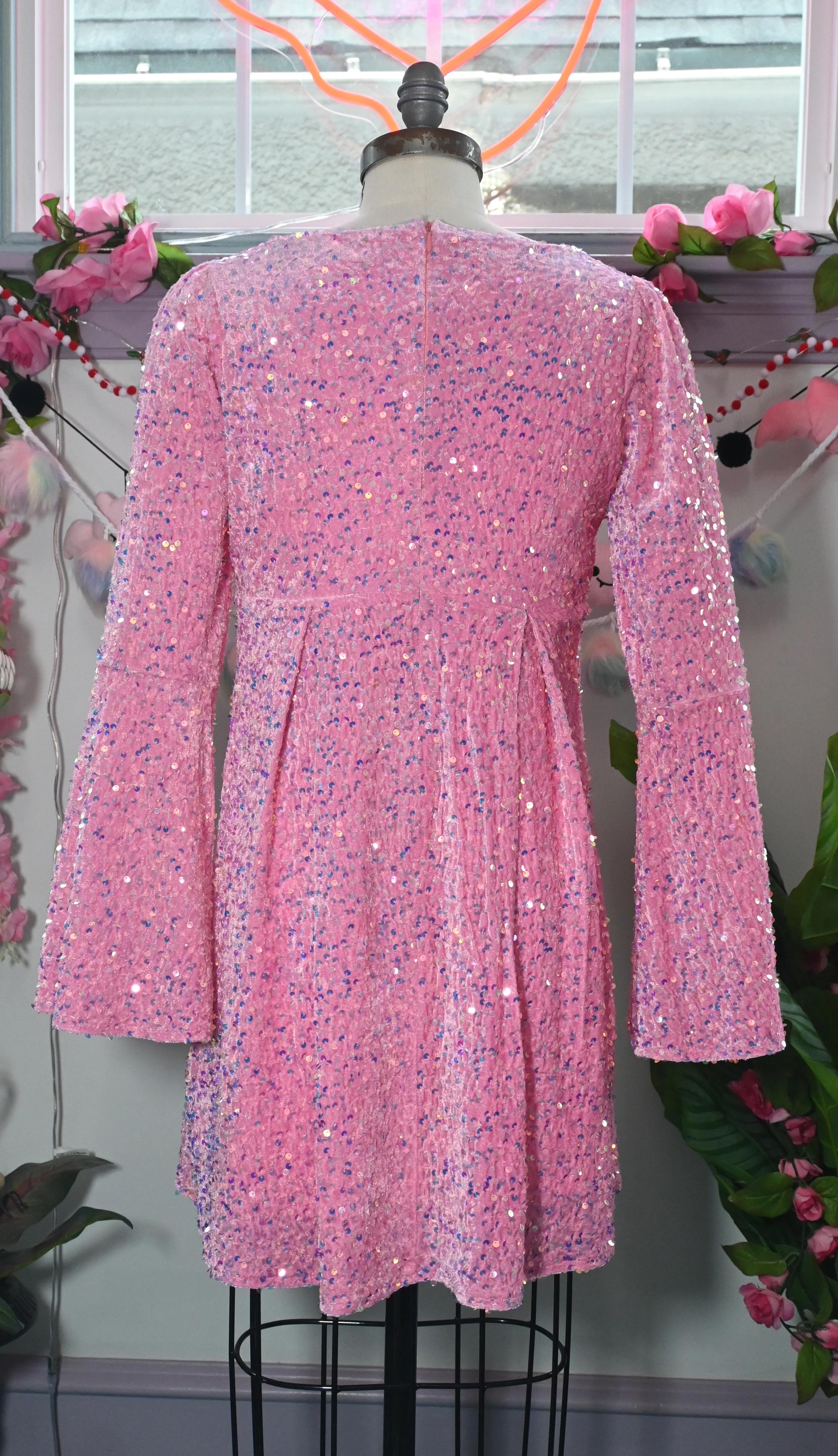 Priscilla 60's Bell Sleeve Sequin Velvet Mini Dress in Pink - Image 4