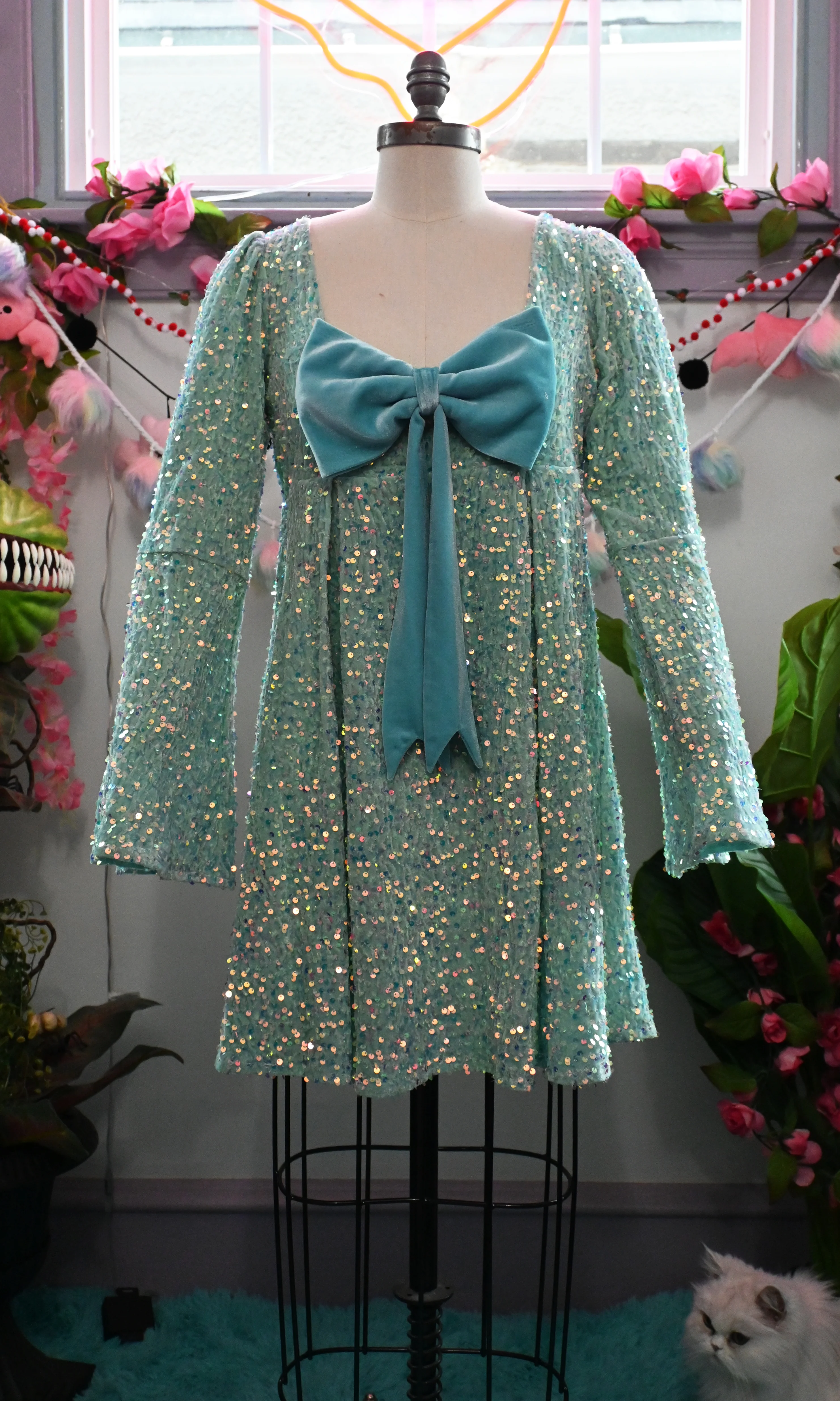 Priscilla 60's Bell Sleeve Sequin Velvet Mini Dress in Seafoam - Image 2