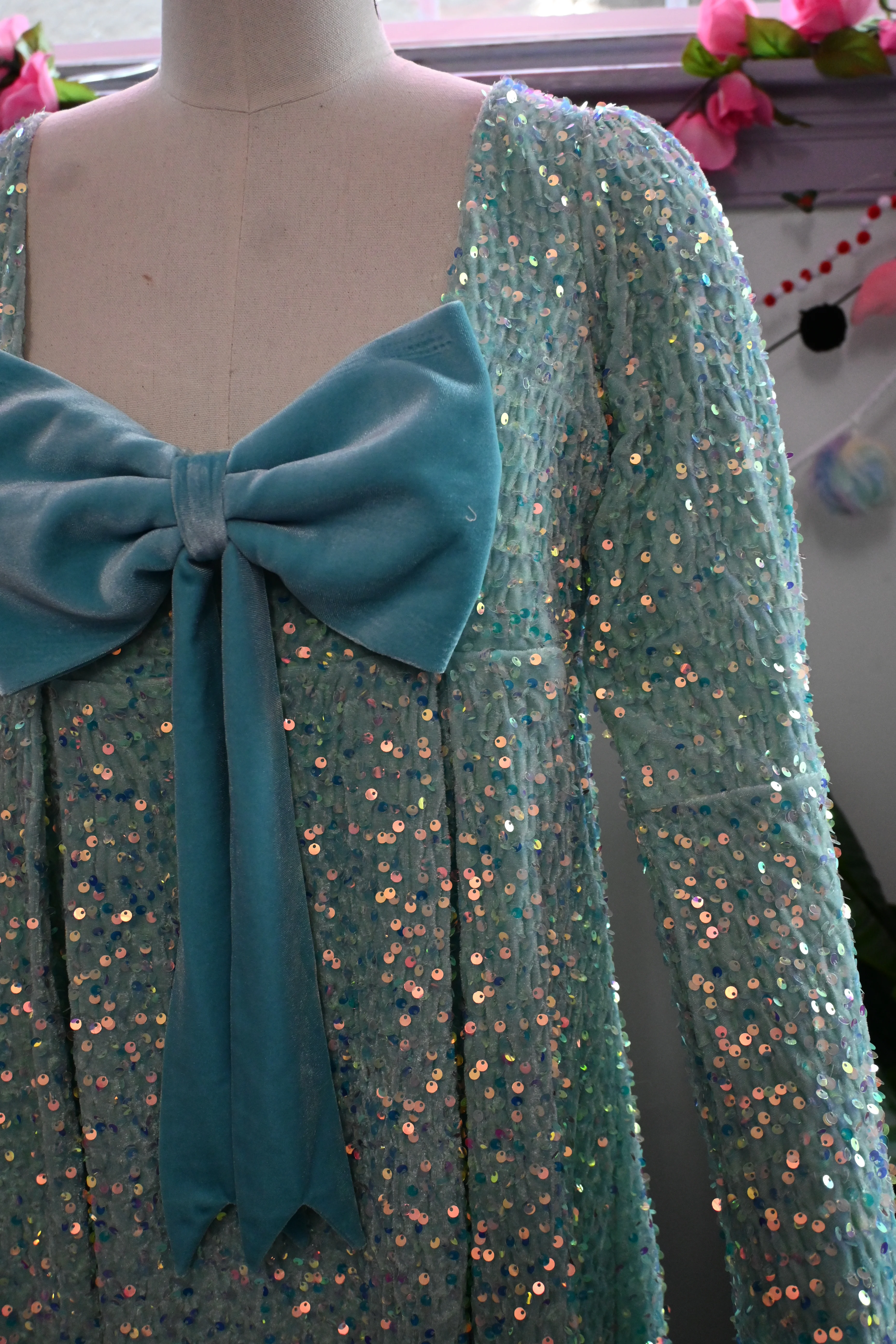 Priscilla 60's Bell Sleeve Sequin Velvet Mini Dress in Seafoam - Image 3
