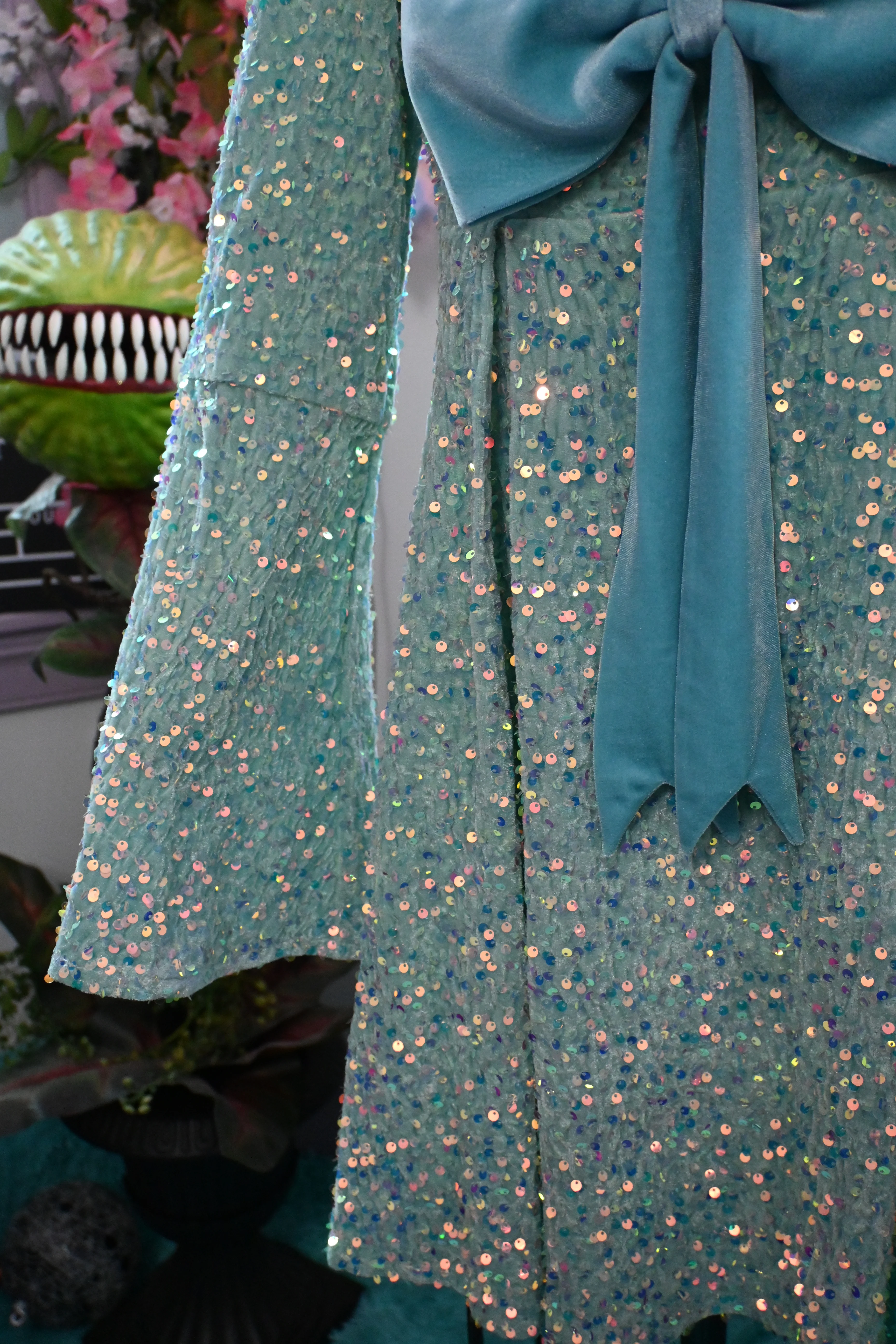 Priscilla 60's Bell Sleeve Sequin Velvet Mini Dress in Seafoam - Image 4