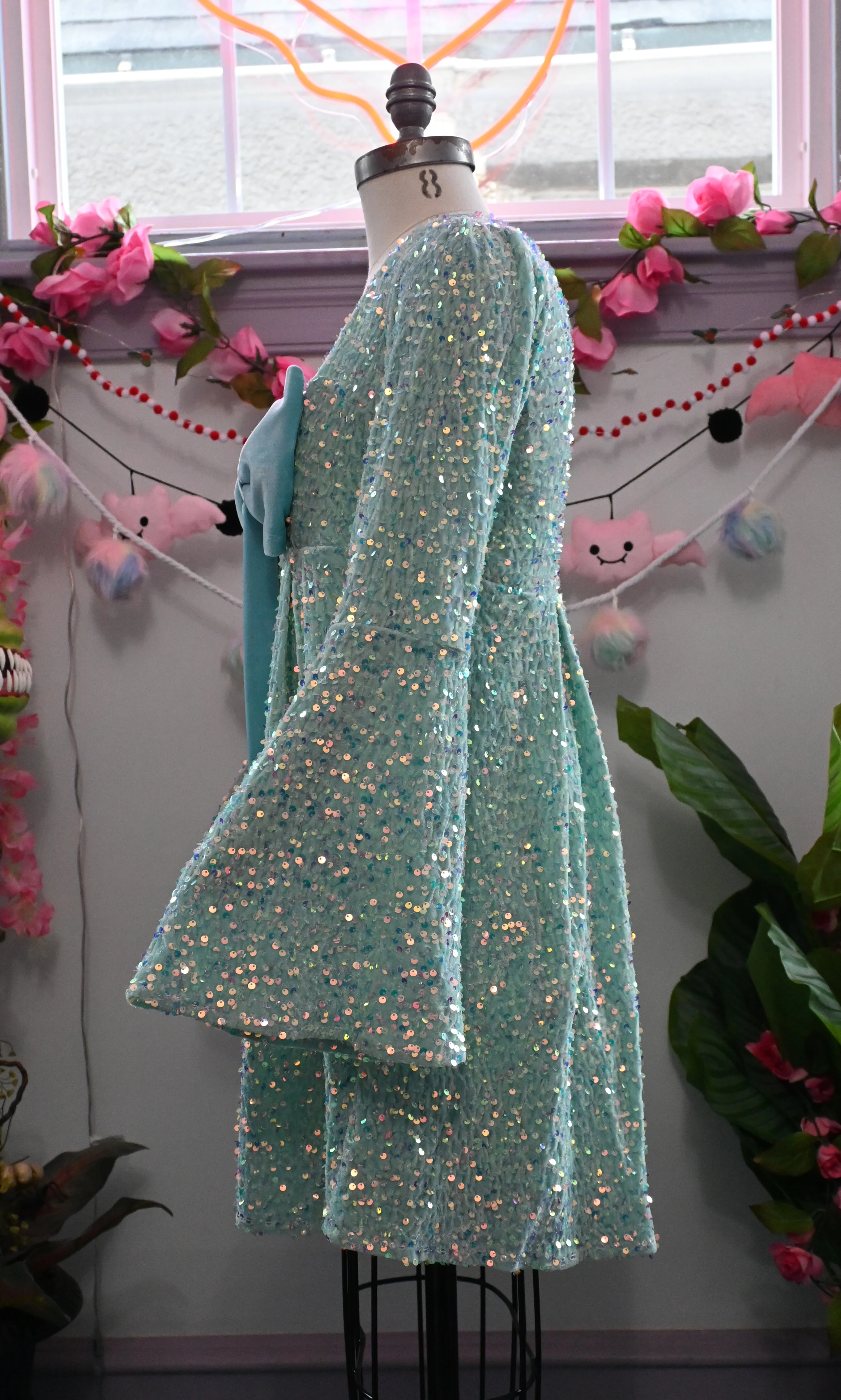 Priscilla 60's Bell Sleeve Sequin Velvet Mini Dress in Seafoam - Image 5