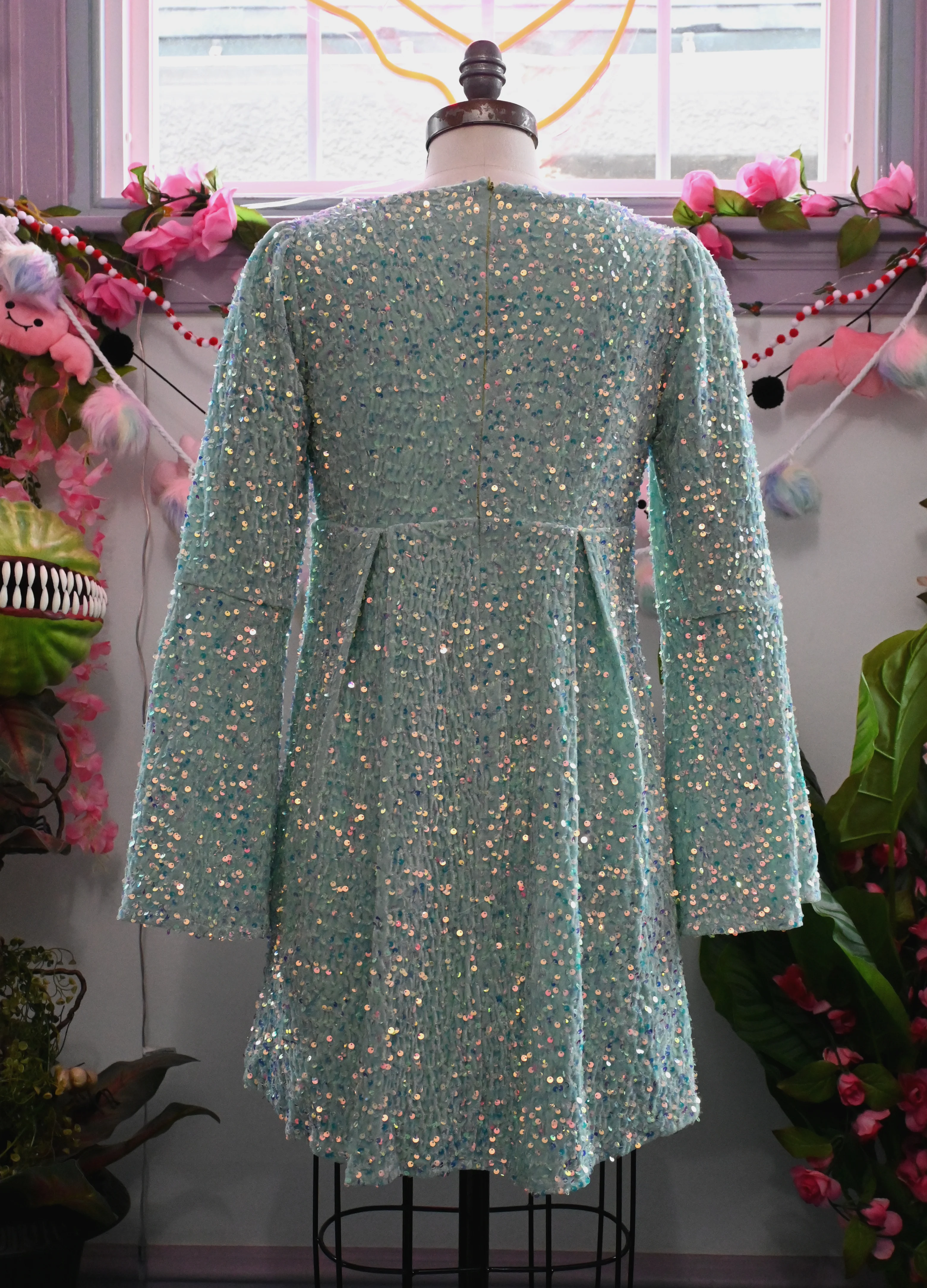 Priscilla 60's Bell Sleeve Sequin Velvet Mini Dress in Seafoam - Image 6