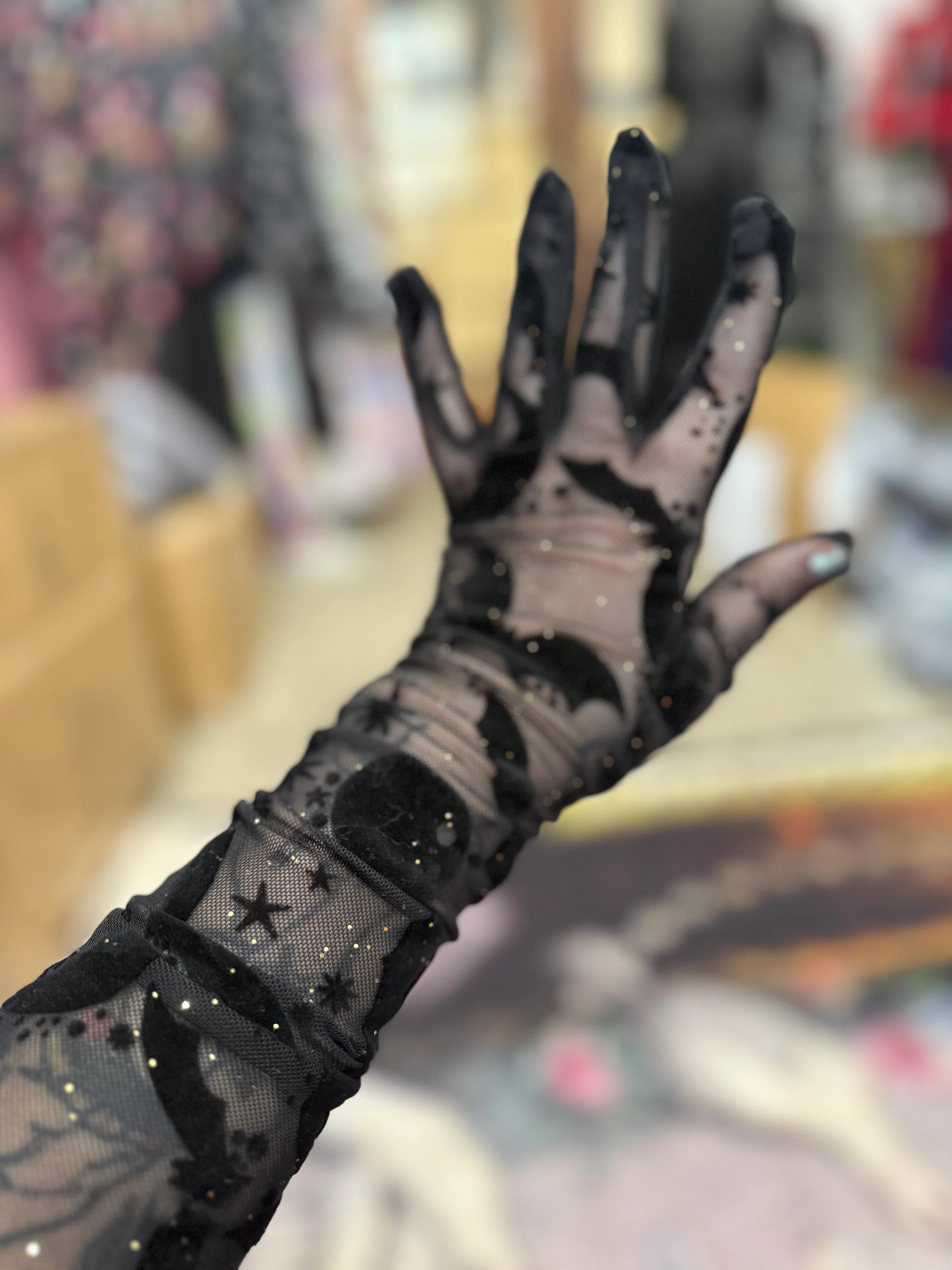 Queen of Halloween Flocked Mesh Gloves - Image 4