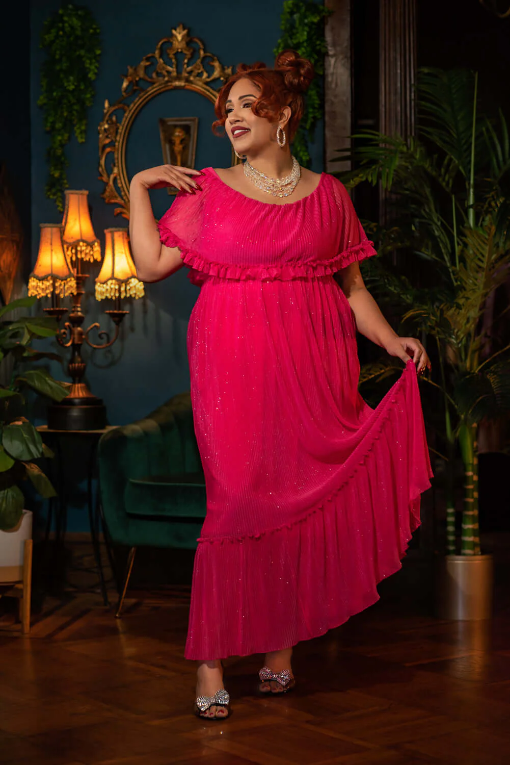 Villanelle Maxi Dress in Malibu Pink Sparkle Pleated Knit - Image 9